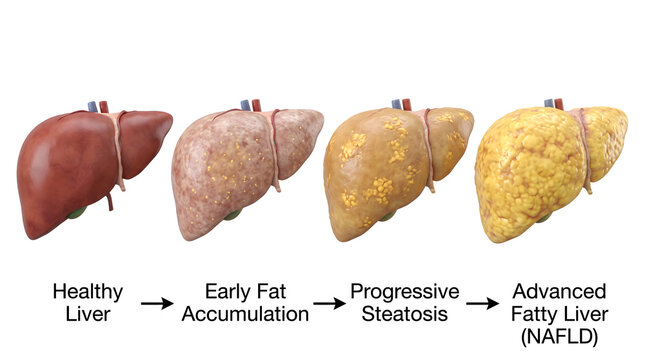 Medical illustration showing the progression of nonalcoholic fatty liver disease from healthy to advanced steatosis