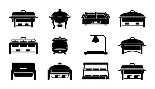Chafing Dish Collection, Buffet Warmer Icons, Catering Equipment Vector Set, Restaurant Kitchen Appliances