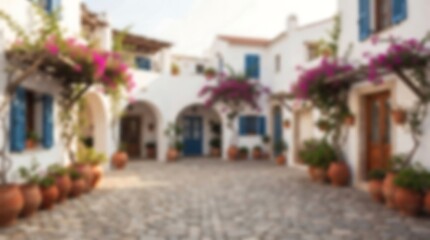 Fototapeta premium A picturesque Mediterranean courtyard with white buildings, blue shutters, terracotta pots, and vibrant bougainvillea flowers under a sunny sky.