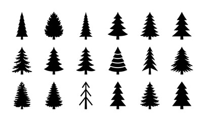 Fototapeta premium Diverse Pine Tree Silhouettes Collection, Evergreen Conifer Vector Icons, Forest Nature Elements for Winter and Holiday Designs