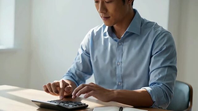 Focused Asian professional man in a blue button-down shirt using a calculator at a desk in a bright, modern office with soft natural window lighting.