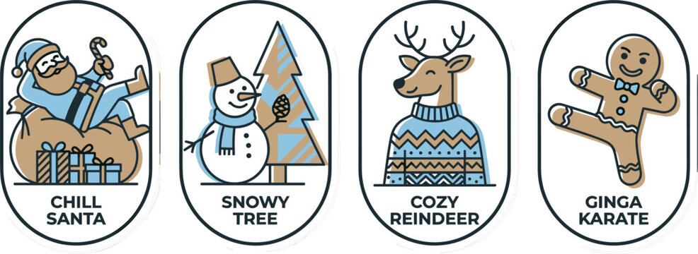 Vector cute Christmas character badge set with chill Santa snowman tree cozy reindeer and karate gingerbread man