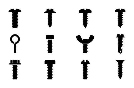 Set of 12 Black Silhouette Fasteners, Screws, Bolts, and Nuts, Industrial Hardware Icons for DIY, Construction, and Engineering Projects