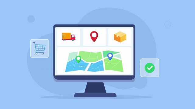 Flat vector animated desktop monitor displaying logistics tracking dashboard with interactive map, location pins, delivery icons, and workflow interface. Ideal for transportation, business, and techno