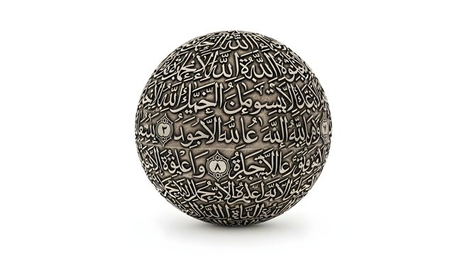 ancient circular stone sphere with intricate arabic calligraphy black and white isolated