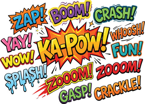 Colorful comic book sound effects set with words like boom pow zap and crash in a vibrant pop art style for graphic design projects and fun comic book illustrations