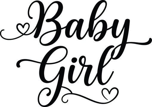 Baby girl calligraphy text design with decorative hearts for baby shower invitations and nursery wall art decor