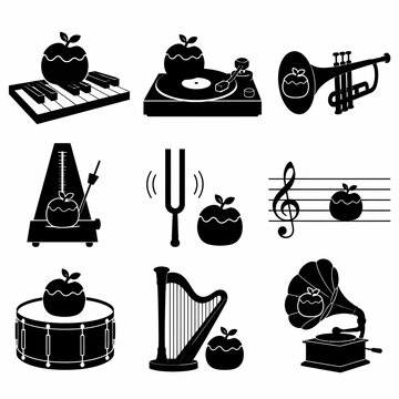 Black silhouette icons of musical instruments and symbols integrated with an apple fruit icon, featuring piano, turntable, trumpet, metronome, tuning fork, music staff, drum, harp, and gramophone.