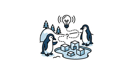 Penguins discussing ideas with lightbulb above. © Slamet