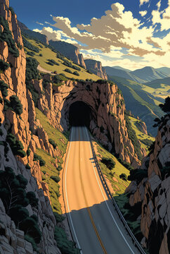 Generated illustration of an empty long road going through a scenic landscape.