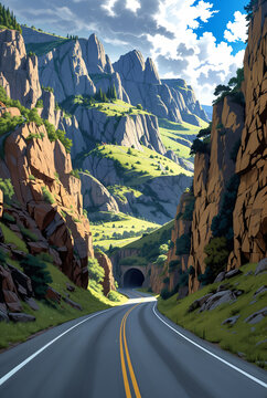 Generated illustration of an empty long road going through a scenic landscape.