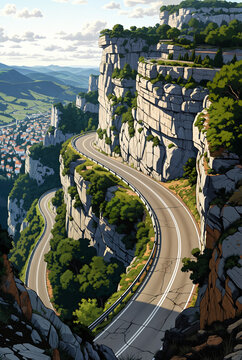 Generated illustration of an empty long road going through a scenic landscape.