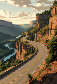 Generated illustration of an empty long road going through a scenic landscape.