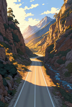Generated illustration of an empty long road going through a scenic landscape.