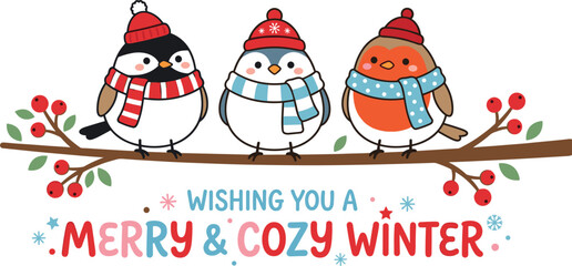 Fototapeta premium Vector cute Christmas birds illustration featuring three winter birds on tree branch wearing hats scarves and holiday text