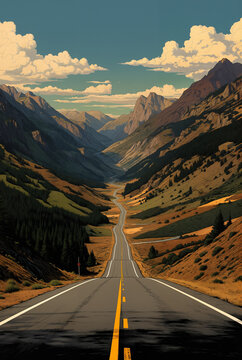 Generated illustration of an empty long road going through a scenic landscape.