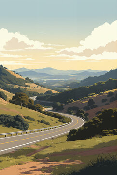 Generated illustration of an empty long road going through a scenic landscape.