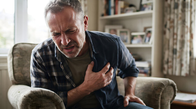 Mature man suffering from a sudden sharp chest pain while sitting at home and experiencing a possible heart attack emergency