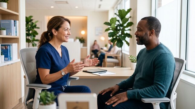 Female Nurse in Blue Scrubs Consulting Male Patient in Clinic Room