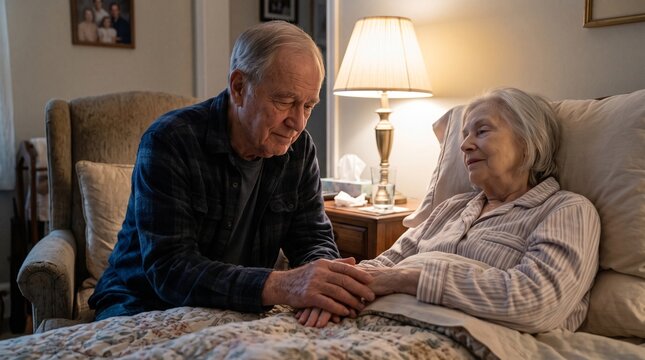 Elderly couple sharing a quiet moment together in a cozy living room.