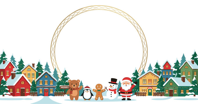 Vector Christmas village town landscape with gold circular frame Santa Claus snowman bear penguin gingerbread man and snowy houses