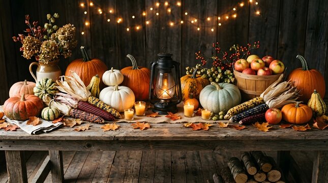 A rustic wooden table decorated with pumpkins autumn harvest fruits and glowing fairy lights for a beautiful festive thanks giving day home celebration
