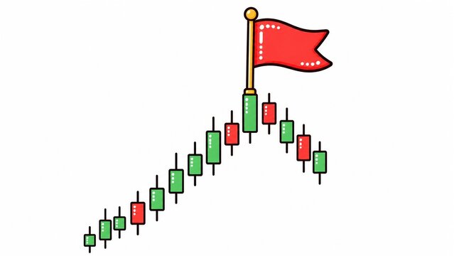ローソク足チャートが山型を描き頂点に赤い旗が立つ市場トレンドのイラスト