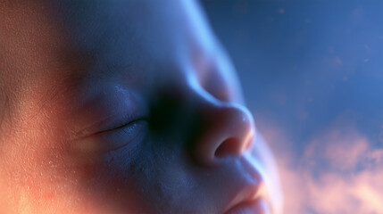 Obraz premium Fetal facial features change over weeks with bright light effects and mist