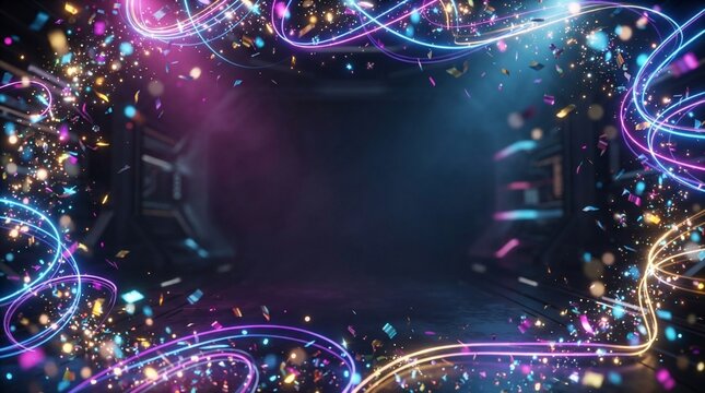 Abstract celebration with glowing light trails and confetti explosion effect