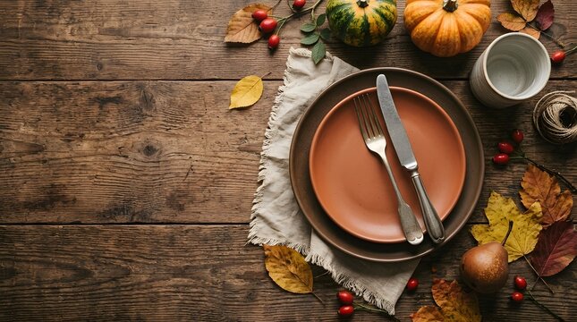 Top view of rustic table setting decorated with pumpkins and autumn leaves for a festive thanks giving day celebration with copy space area