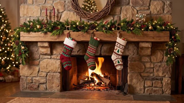 Fireplace glowing with warm flames, festive Christmas garlands, twinkling fairy lights, hanging stockings, 4K video