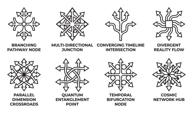 Quantum timeline icons for multiverse navigation and branching reality pathways collection.