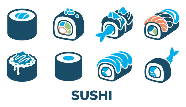 Sushi rolls collection on white background vector illustration food and drink.