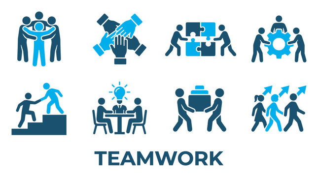 Teamwork icon set diverse people collaborating on projects vector illustration business.