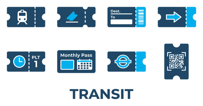 Transit ticket icons collection for train bus travel vector illustration transportation.