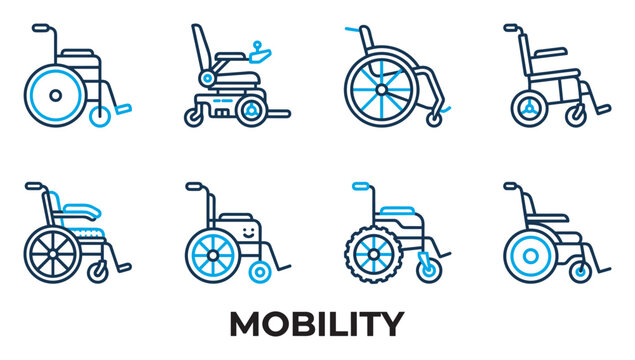 Wheelchair icons set simplified linear design mobility aids for disabled and elderly.