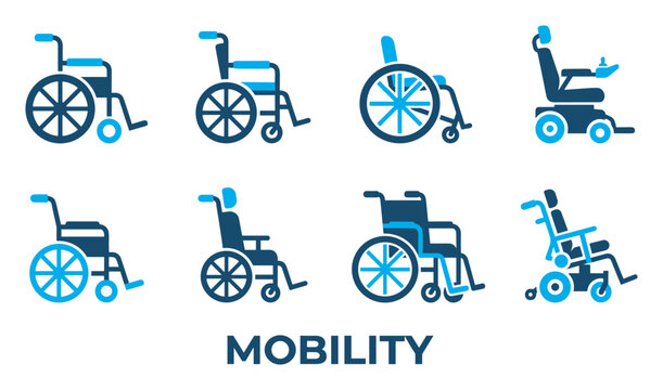 Wheelchair icons set mobility aids for disabled and elderly persons electric and manual.