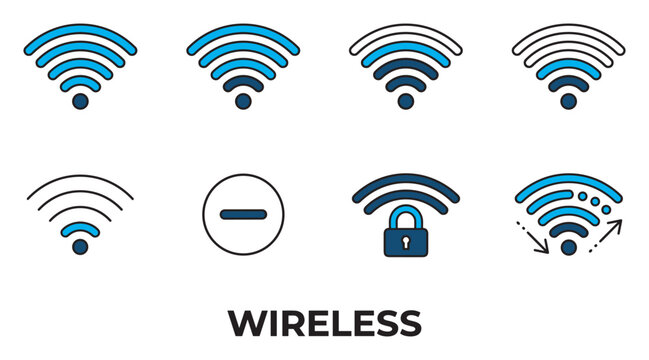 Wireless signal icons set wifi connection strength and security symbols network strength.