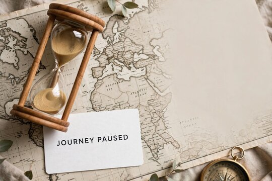 Journey Paused Concept with Hourglass and Vintage Map