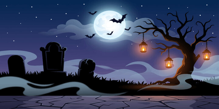 Silhouette of a graveyard scene with tombstones a bare tree and a full moon in the night sky.