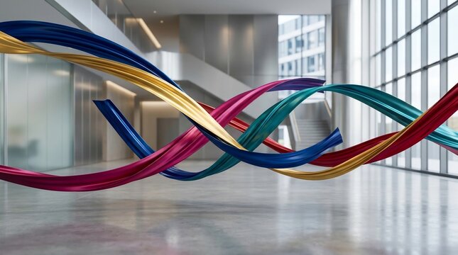 Abstract colorful swirls flowing through modern office space
