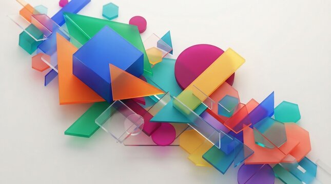Abstract composition of colorful geometric shapes transparent and opaque on a light background