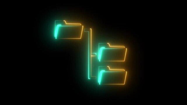  Neon glowing folders connected in hierarchical system directory. Information technology folder hierarchy icon for cloud data storage. 4k animated folder icon video. 