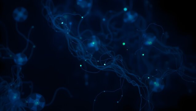Abstract blue neural network background. Digital data connection with glowing light particles.