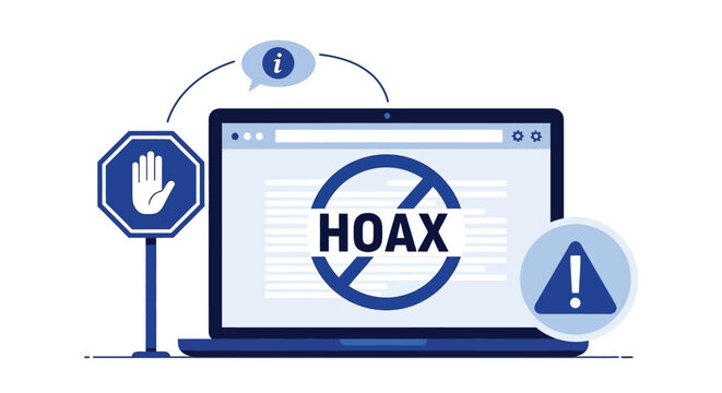 Hoax news and internet misinformation concept illustration with laptop showing fake information warning and stop sign on blue background for web security.