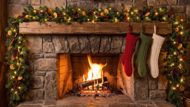 Fireplace glowing with warm flames, festive Christmas garlands, twinkling fairy lights, hanging stockings, 4K video