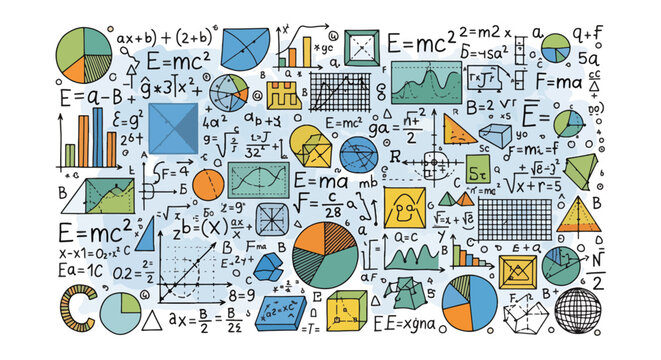 Colorful scientific equations and formulas collage design.