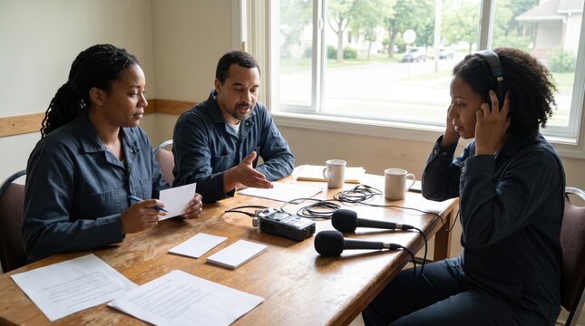 Inclusive Community Podcast Production concept. Three people conducting a recorded interview around a wooden table.