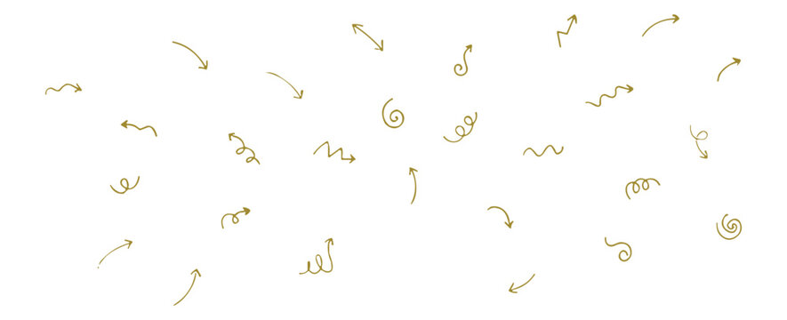 Various handdrawn golden arrows and swirls scattered randomly across a white background