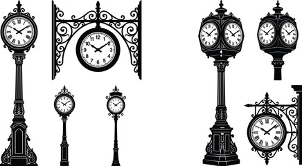 Vintage Street Clock Silhouette Collection with Ornate Antique Clock Tower Vector Set © Abdul
